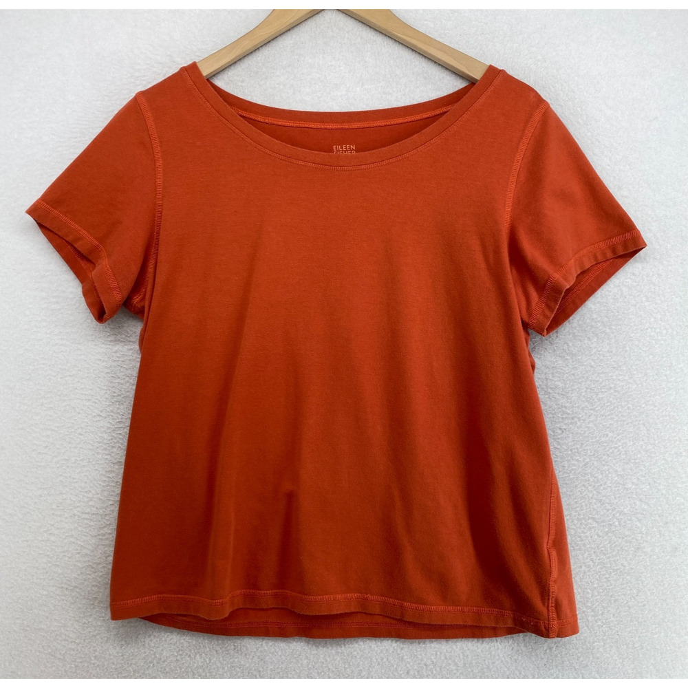 EILEEN FISHER Top L Stretch Organic Cotton Jersey Short Sleeve Orange USA